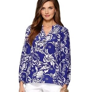 Lilly Pulitzer Womens XS Silk Smocked Relaxed Button Front Blue Blouse EUC